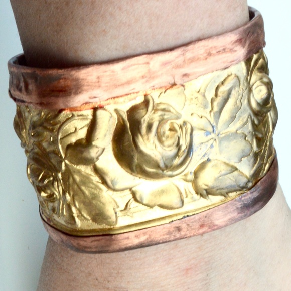 Rose Brass Copper Cuff Bracelet Wide Bohemian Repoussé Handmade Brutalist Rustic - Picture 6 of 8